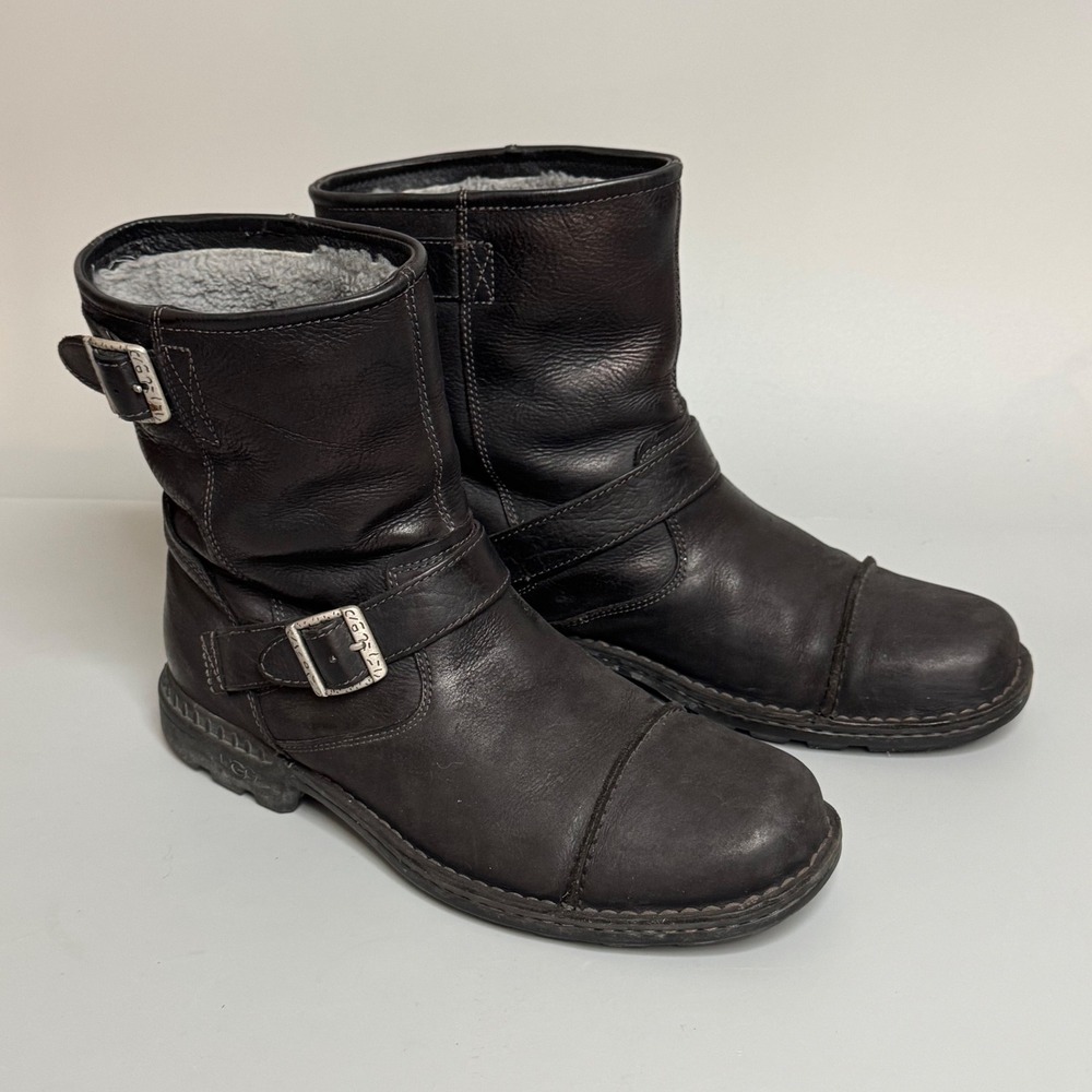 UGG Rockville Black Leather Moto Boots Size 13 Shearling Lined 3040 Mens
